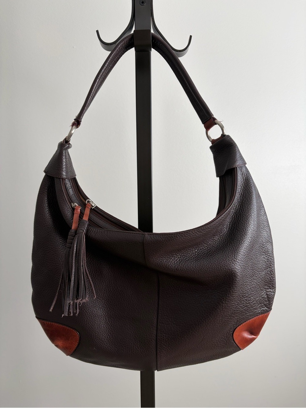 Derek Alexander Leather Hobo Shoulder Bag in Dark Brown with Chestnut Accents - Picture 3 of 10